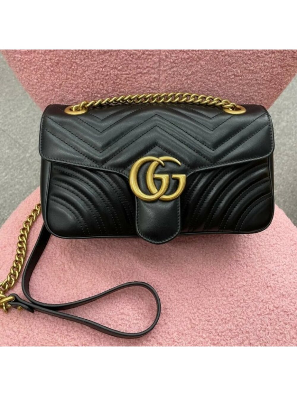 BlackGucci GG Marmont quilted black leather flap bag Gucci Marmont flap bag